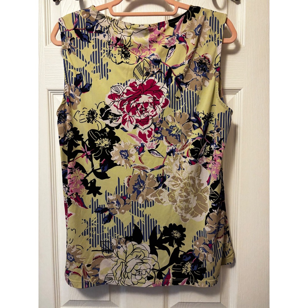 Dana Buchman Floral Striped Twist Front V-Neck Sleeveless Top Yellow Pink Large - Picture 2 of 6